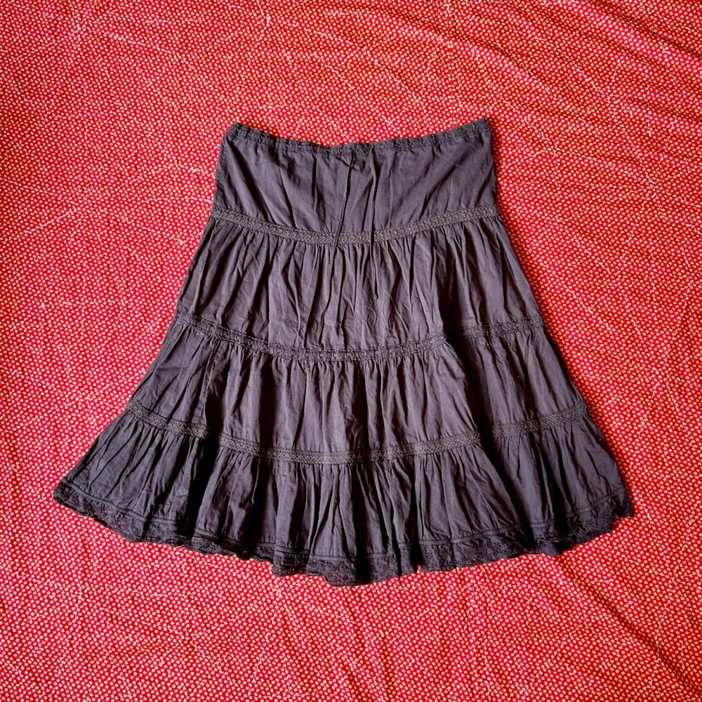Comptoir des Cotonniers Brown Cotton Tiered Lace Trim Midi Skirt Size 6 US 38 EU